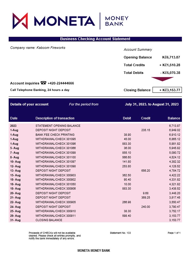 Modèle Word et PDF de relevé de compte ferme Moneta Money Bank